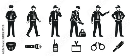 Security guard icons and character set with patrol, radio, flashlight, and surveillance equipment. Professional security officer silhouettes for safety, monitoring, and loss prevention design elements