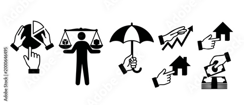 Business Icons Set Collection with Hand Gestures and Financial Symbols for Professional Web Design, Infographics, Banking, Real Estate, Insurance, Growth Strategy, and Data Analysis Concept Illustrati