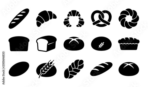Tableau sur toile Bakery Icons Set: 15 Black and White SVG Illustrations of Bread, Croissants, and
