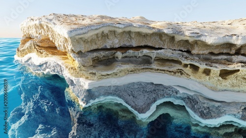 Cross-sectional view of 3d volcanic island formation showing geological evolution stages