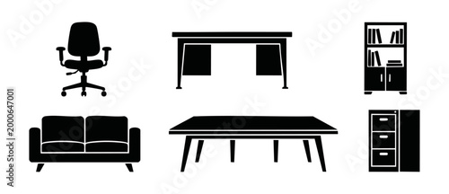 Office Furniture Icon Set Collection for Business Interior Design and Workspace Planning. Black Silhouette Vector Graphics of Desk, Chair, Sofa, Bookshelf, and Filing Cabinet for Professional Layouts.