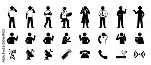 People Talking on Phone Icons Set, Business Communication and Telecommunications Symbols for UI Design, Vector Illustration of Human Gestures and Connection Network Hardware for Web or Mobile Applicat