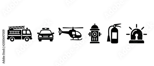 Emergency Services Icon Set Vector, Fire Truck Police Car Helicopter Hydrant Fire Extinguisher Siren Symbols, Professional Flat Black Pictograms for Public Safety, Infrastructure, and Alert System Gra