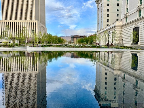 Architectural reflections of Joseph Smith Memorial Building and The Church Office Building (The Church of Jesus Christ of Latter-day Saints) Office Building in Temple Square, Salt Lake City, Utah, USA