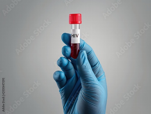 A hand in a glove holding a test tube filled with blood labeled 