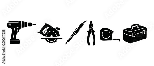 Construction Tools Set Icons - Drill, Circular Saw, Soldering Iron, Pliers, Tape Measure, Toolbox Vector Silhouettes for DIY Repair, Industrial Maintenance, Engineering Projects, and Hardware Shop Des