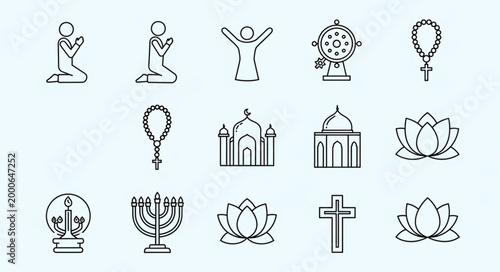 Collection of religious symbols and icons in line art style.