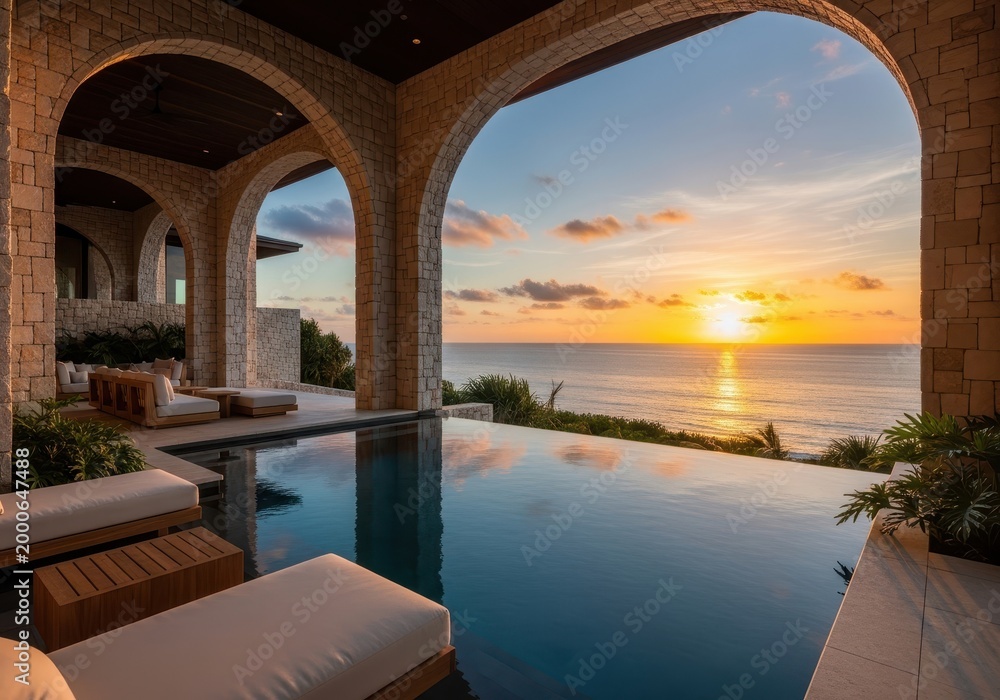 Fototapeta premium A serene infinity pool overlooking a vibrant sunset from the comfort of a shaded luxury terrace