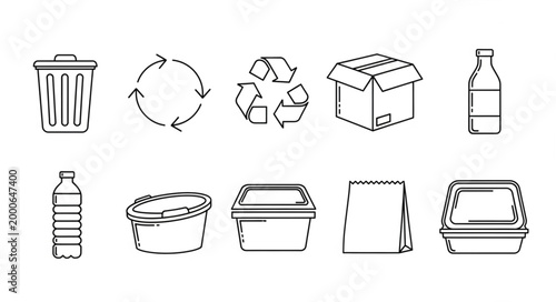 Collection of recycling and waste management icons in a line.