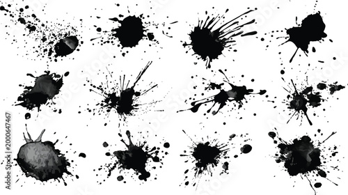 Black ink spots Set of splashes, blots. Black inked splatter dirt stain splattered spray splash with drops blots isolated set on white background. Ink illustration.