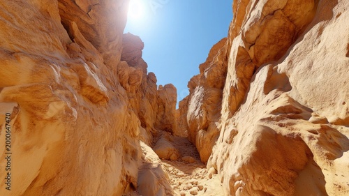 Immersive 3d desert canyon with steep stone walls and narrow paths