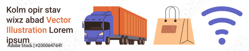 Logistics, online shopping, e-commerce, wireless communication, retail, transportation. Truck, shopping bag with wireless icon. Logistics and online shopping concept