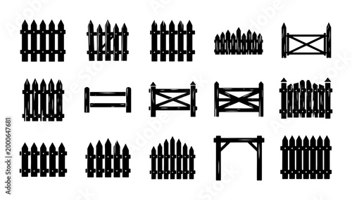 Photos Rustic wooden fence silhouettes collection, 15 black timber garden gate icons, v