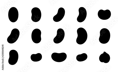 Foto Minimalist bean silhouette icons, set of 15 black kidney bean vector shapes, org