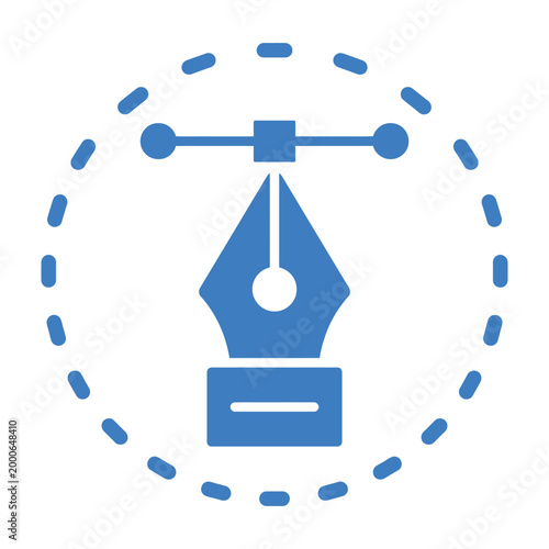 Blue fountain pen nib icon with dashed circle on white background