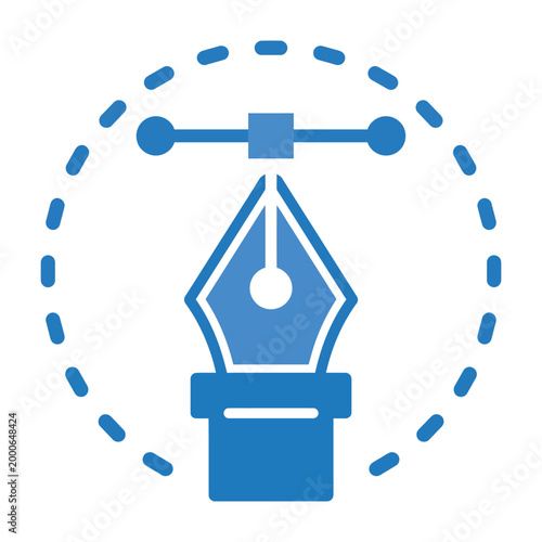 Blue fountain pen nib with dotted line circle around it on white background