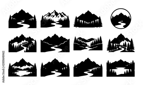 Φωτογραφία Vintage mountain landscape silhouettes, set of 12 outdoor wilderness icons, blac