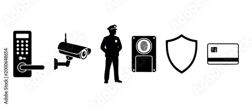 Security system icons set: digital lock, CCTV camera, security guard, fingerprint scanner, shield and credit card for cybersecurity, physical protection, surveillance, and access control technology co