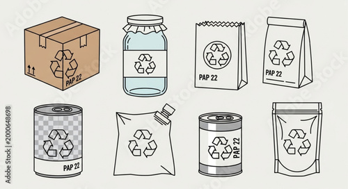 Collection of recyclable packaging materials with recycling symbol.