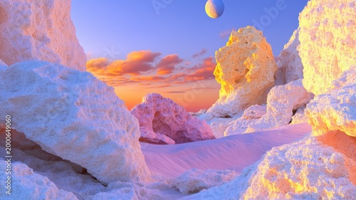 Bizarre alien 3d coral desert landscape with sponge-like rocks and warm sunset colors