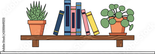 Minimal Bookshelf Vector Illustration with Books and Potted Plants on Wooden Wall Shelf Isolated on White Background for Home Decor and Interior Design.