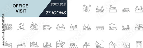 Professional minimal line icon set capturing office visits, appointments, check-in, onboarding and workplace flow. Perfect for admin panels, HR systems, scheduling apps and visitor management. 