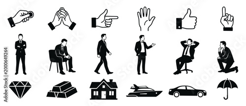 Business Icons Set Black and White Vector Symbols for Corporate Design and Presentation Graphics Featuring Professional People Poses Hand Gestures and Wealth Assets Like House Car and Diamond Shapes
