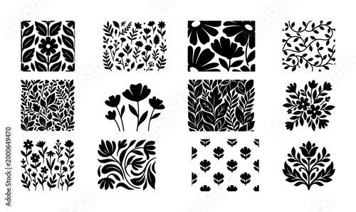 Quadro su tela Minimalist black and white floral patterns, set of 12 botanical vector illustrat