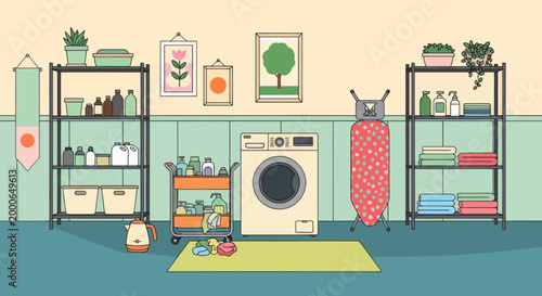 Laundry room with dirty clothes, washing machine, and shelves with powder and cleaning products. Vector illustration