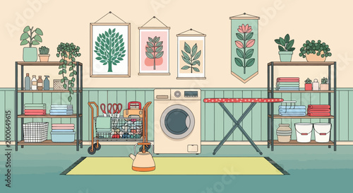 Laundry room with dirty clothes, washing machine, and shelves with powder and cleaning products. Vector illustration