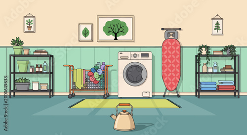 Laundry room with dirty clothes, washing machine, and shelves with powder and cleaning products. Vector illustration