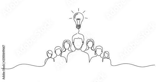 Teamwork concept: group collaboration with light bulb idea symbol in continuous line art. no editable stroke