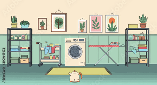 Laundry room with dirty clothes, washing machine, and shelves with powder and cleaning products. Vector illustration