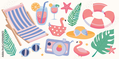 beach holiday accessories illustration with colorful items