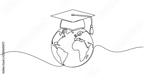 Global education concept: graduation cap on world globe in minimalist line art. no editable stroke