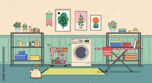 Laundry room with dirty clothes, washing machine, and shelves with powder and cleaning products. Vector illustration