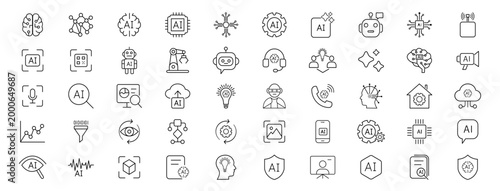 Set of 50 Artificial intelligence line icons with AI machine learning, chatbot, neural network and automation symbols. Future tech icon set for data processing, smart systems, web and app interfaces