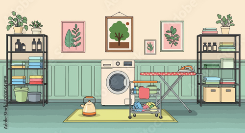 Laundry room with dirty clothes, washing machine, and shelves with powder and cleaning products. Vector illustration