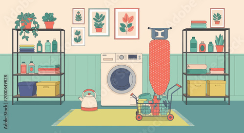Laundry room with dirty clothes, washing machine, and shelves with powder and cleaning products. Vector illustration