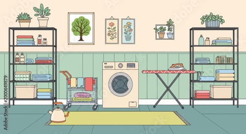 Laundry room with dirty clothes, washing machine, and shelves with powder and cleaning products. Vector illustration