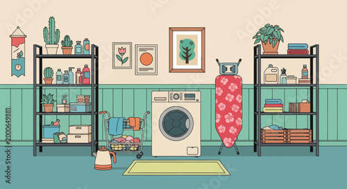 Laundry room with dirty clothes, washing machine, and shelves with powder and cleaning products. Vector illustration