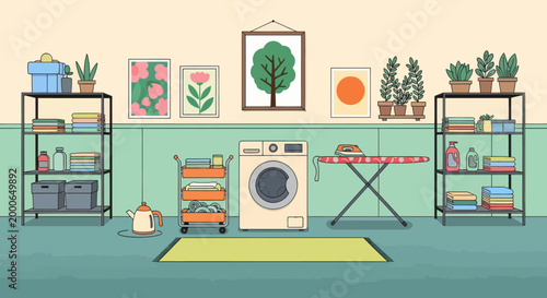 Laundry room with dirty clothes, washing machine, and shelves with powder and cleaning products. Vector illustration