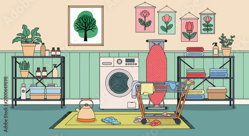 Laundry room with dirty clothes, washing machine, and shelves with powder and cleaning products. Vector illustration