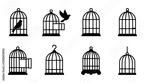Foto Vintage birdcage silhouette icons, set of 8 black bird cage vector illustrations