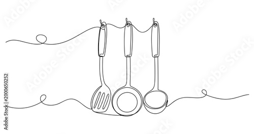 Minimalist continuous line art of kitchen utensils hanging on hooks. None editable stroke