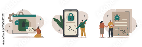 Digital document signing and verification process with online contract approval signature document contract verification approval agreement business technology handshake smartphone security