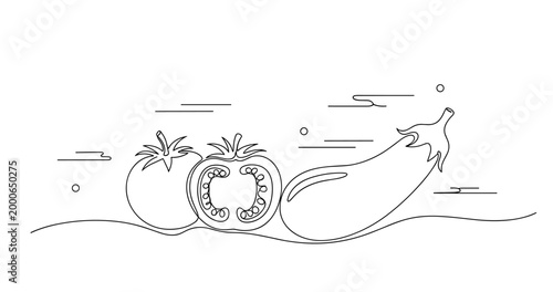 Minimalist line art of tomatoes and eggplant on abstract background. None editable stroke