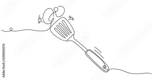 Minimalist line art: spatula and eggs playful design. None editable stroke