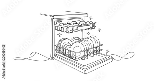 Line art of open dishwasher with clean plates and sparkles displaying hygiene. None editable stroke
