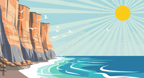 A vibrant vector illustration depicts majestic cliffs towering over a serene ocean bay under a radiant sunny sky with seagulls flying.